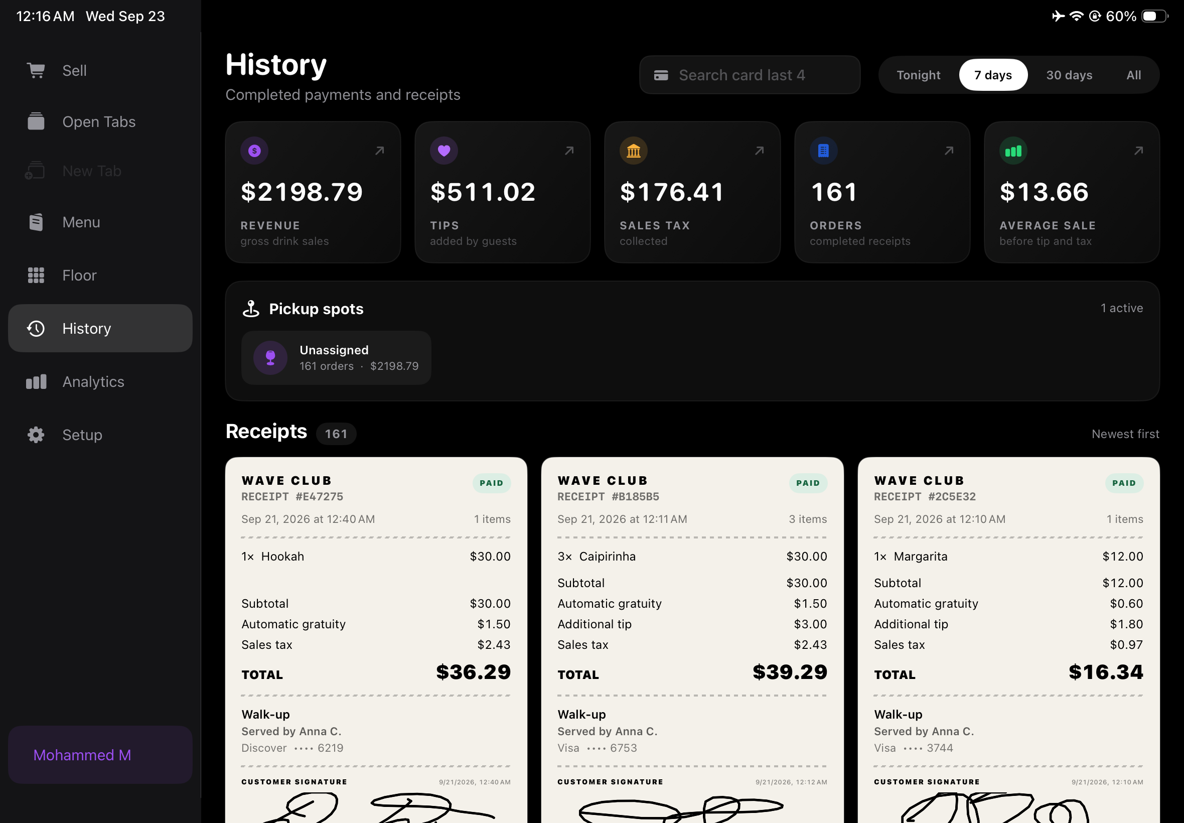 POS AVNT history screen showing revenue, tips, tax, orders, and searchable receipts