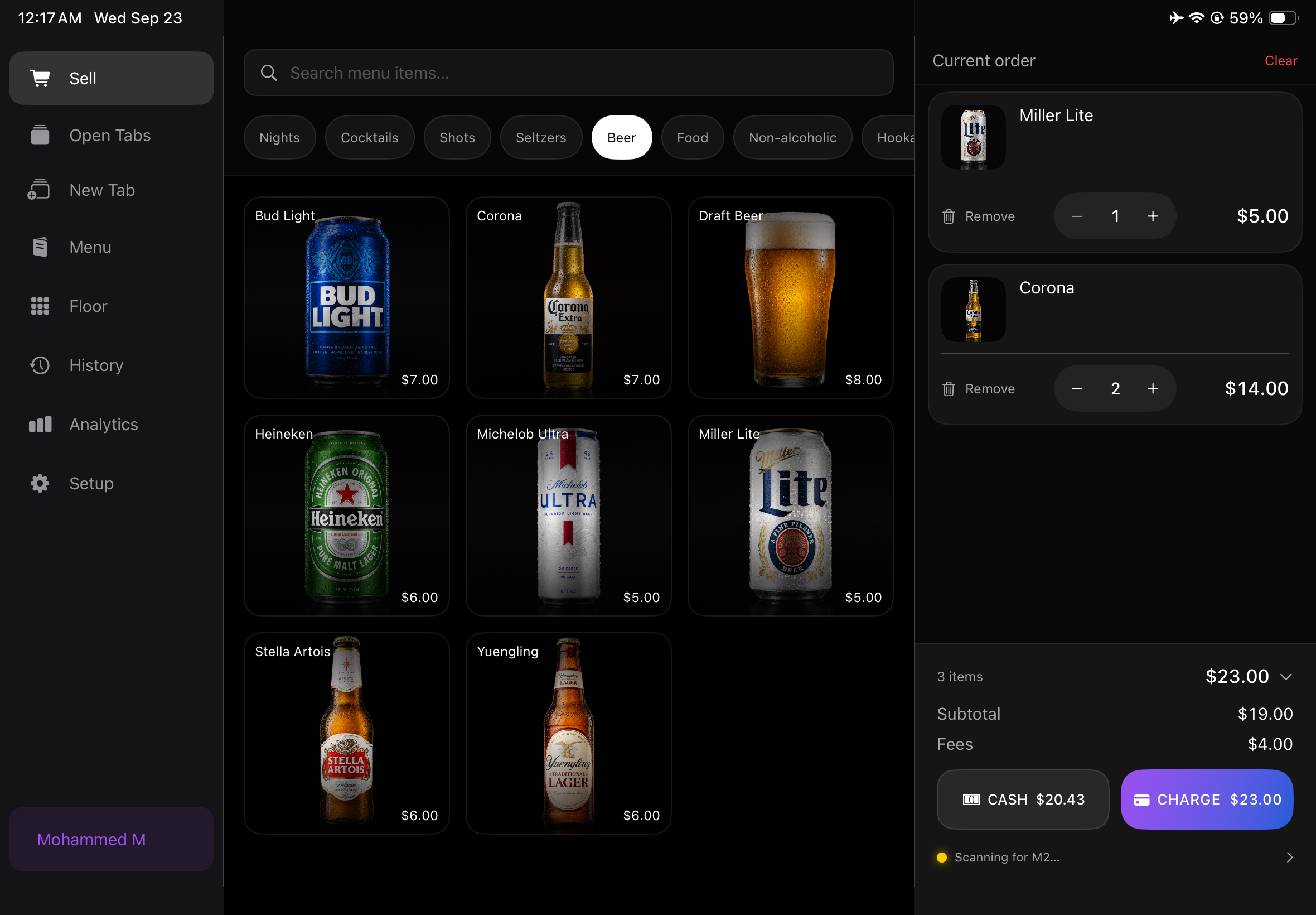 POS AVNT sell screen showing menu items, an active order, and payment options